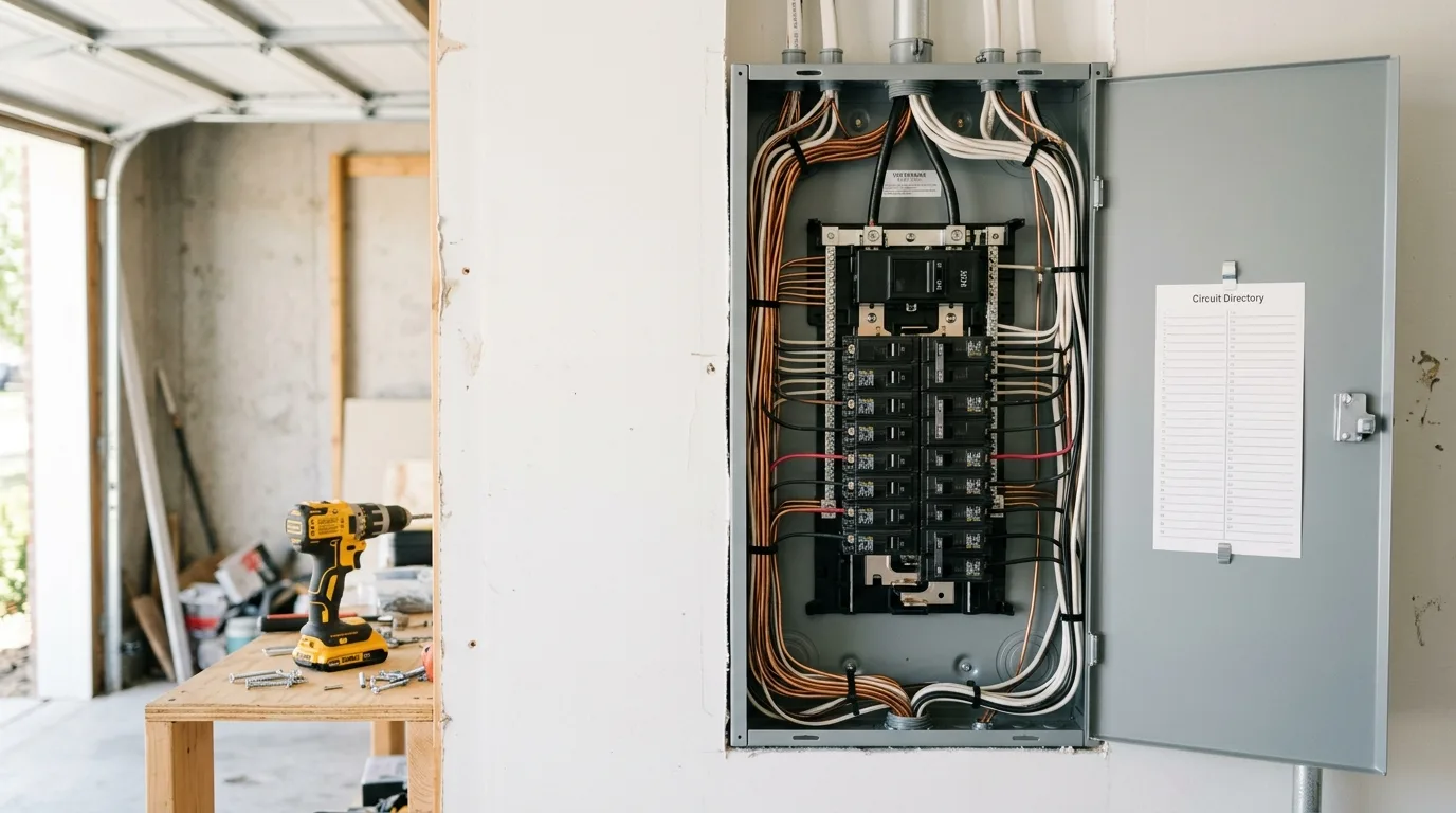 A new gray 200A breaker panel mounted on clean white garage drywall, cover off, framed on the right third of the image with plain wall on th