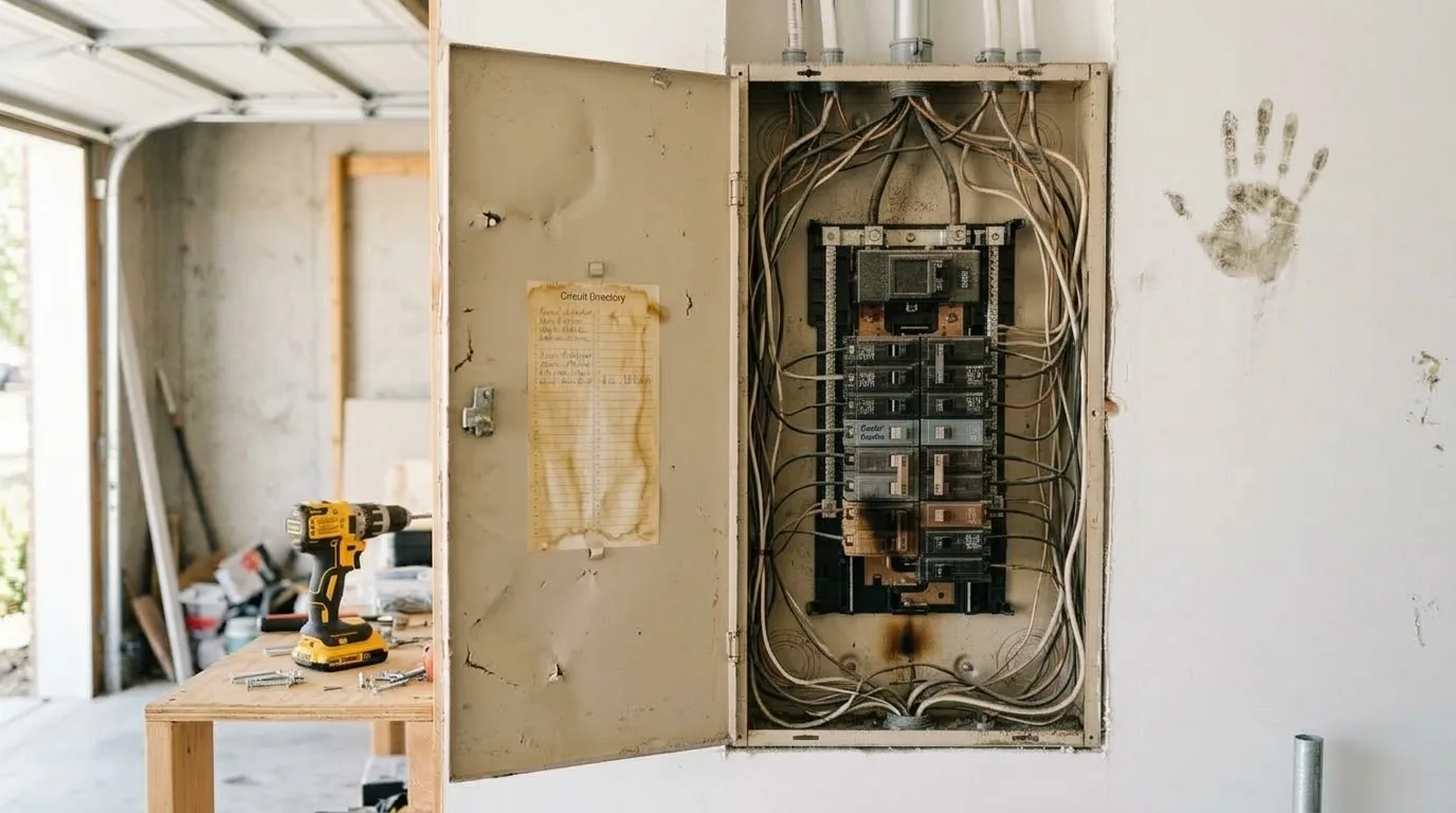 The SAME photograph with only this changed: the panel is an old, dented beige breaker box with a dusty, yellowed interior, mismatched breake