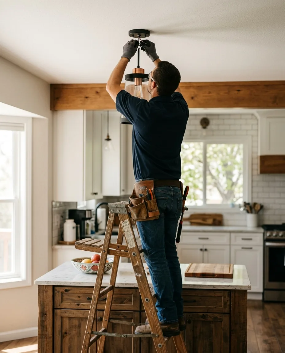 An electrician seen from behind on a short step ladder, both hands above his head connecting a pendant fixture over a kitchen island